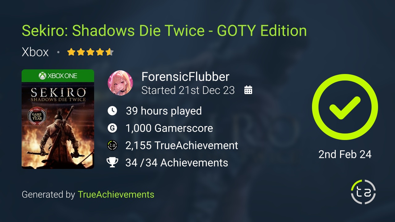 Sekiro Shadows Die Twice - GOTY Edition achievement summary